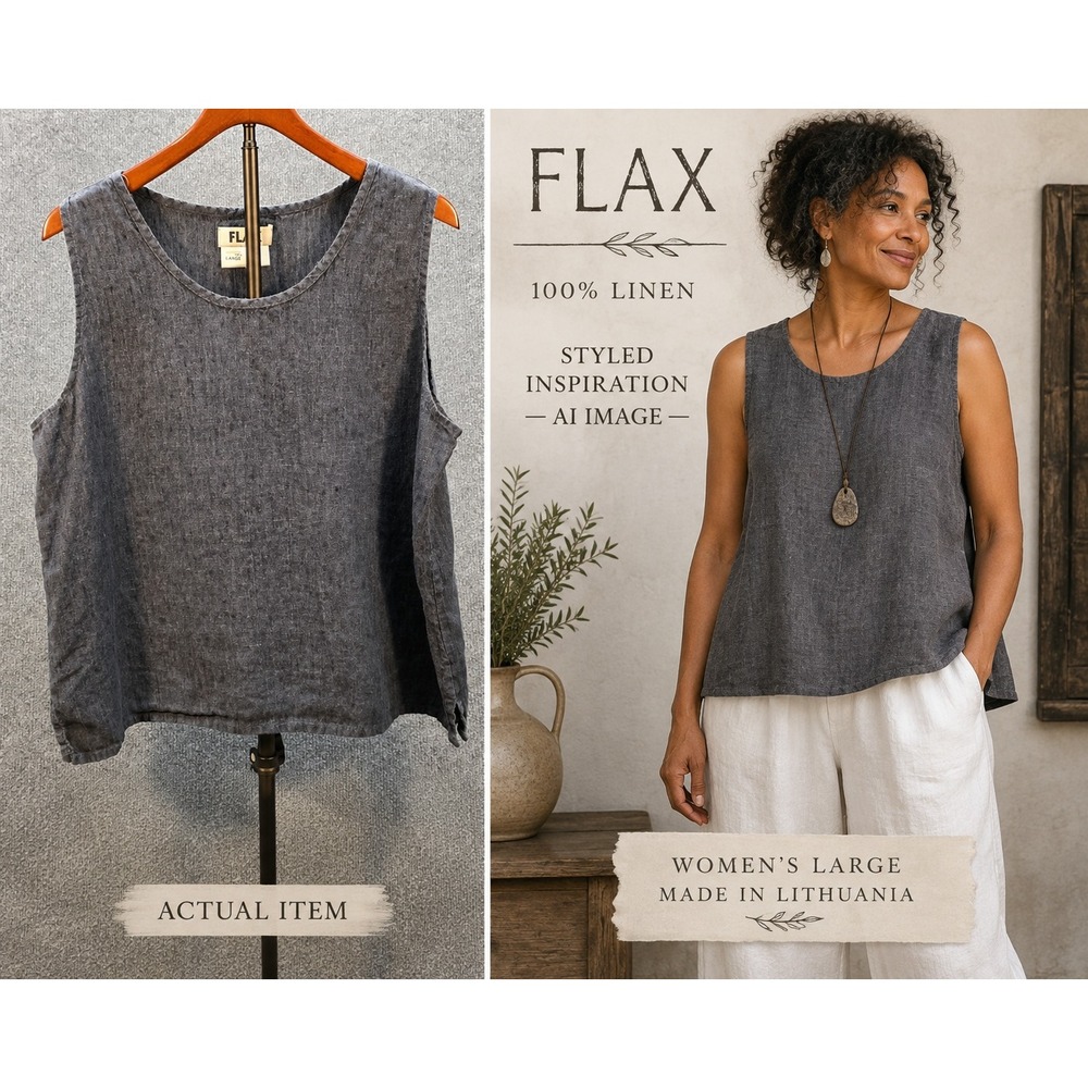 FLAX Tank Top Women Sleeveless Linen Scoop Neck Blue Large Excellent Lagenlook